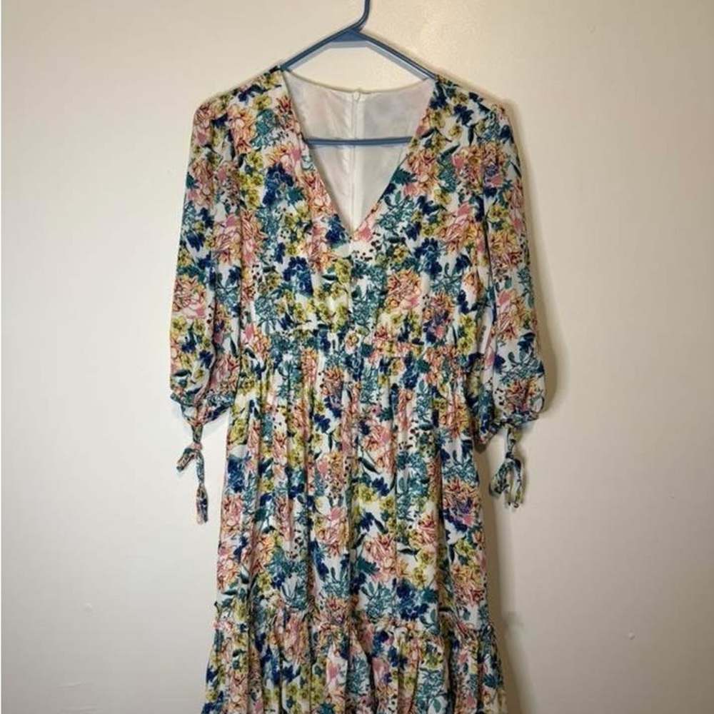 Pink and Green Ruched V-Neck Long Sleeve Dress